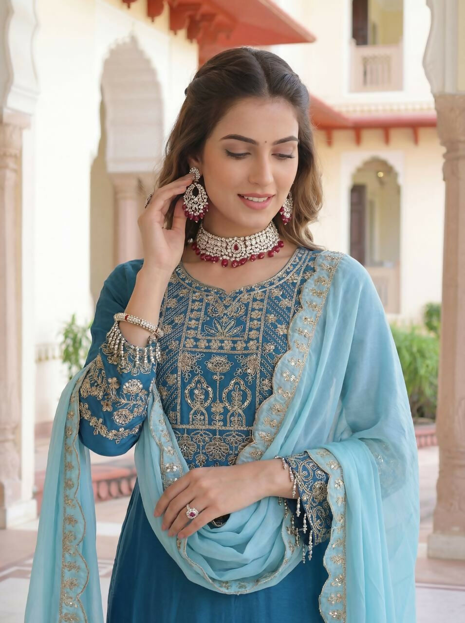 Blue Silk Embroidered Sharara Set for Traditional Occasions