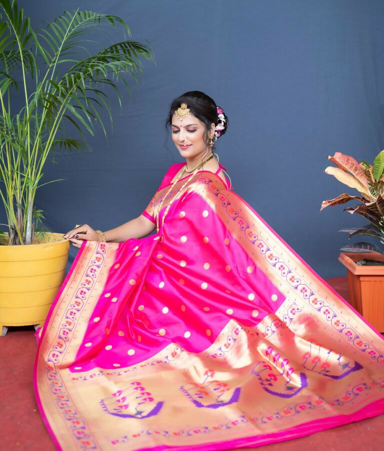 Pink Paithani Silk Saree with Zari Woven Border and Blouse