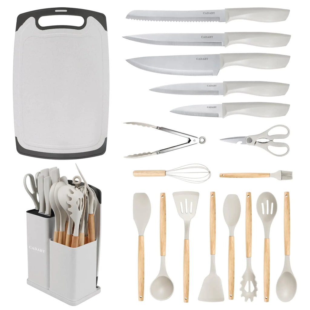 CADABY 19PCS Kitchen Knife Set with Block Professional 5 PCS High Carbon Stainless Steel Cooking Knives Set Knife Block Set with 11 PCS Silicone Kitchen Utensils Set Convenient White