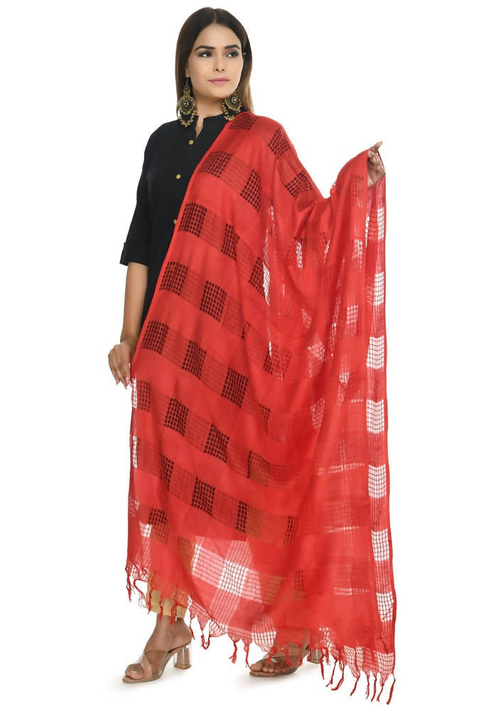 Red cotton dupatta with self-pattern window design, 2.40m length.