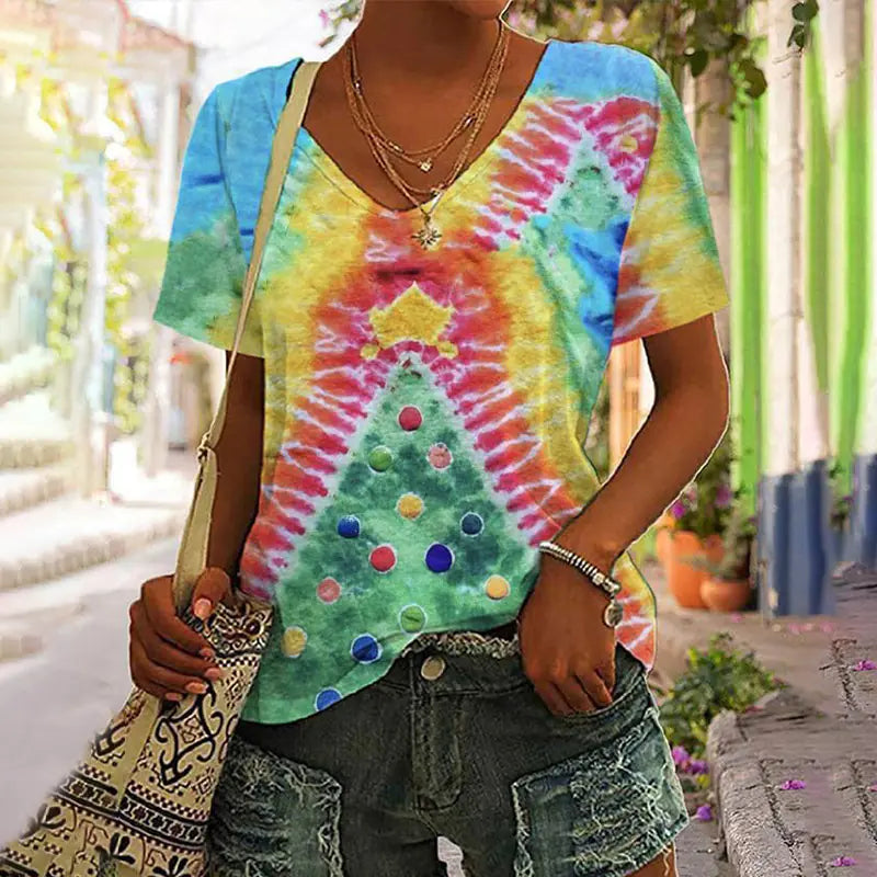 Women's Graphic Print V-Neck T-Shirt Casual Short Sleeve Tee