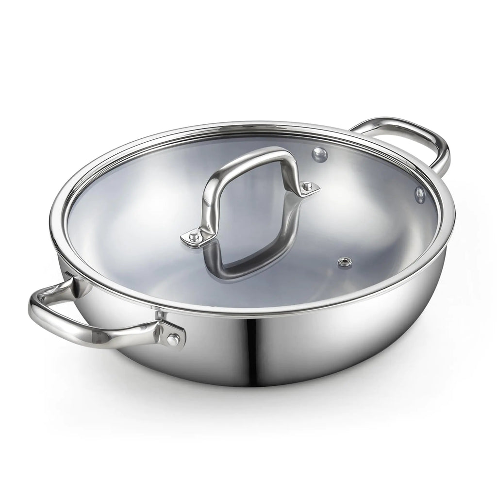 Cook N Home Tri-Ply Stainless Steel Wok 12 inch Induction Wok with Lid Flat Bottom Wok Stir Fry Pan Silve