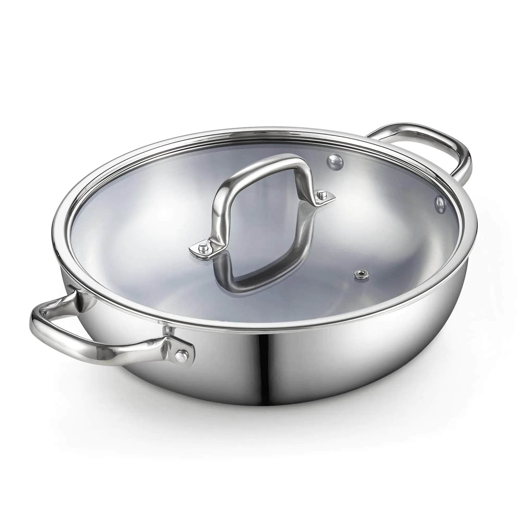 Cook N Home Tri-Ply Stainless Steel Wok 12 inch Induction Wok with Lid Flat Bottom Wok Stir Fry Pan Silve