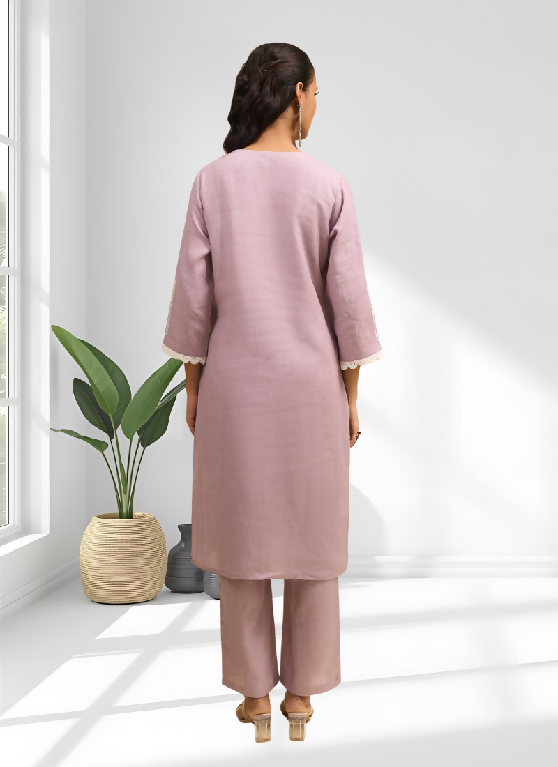 Pink Linen Embroidered Long Kurta Set with Matching Pants