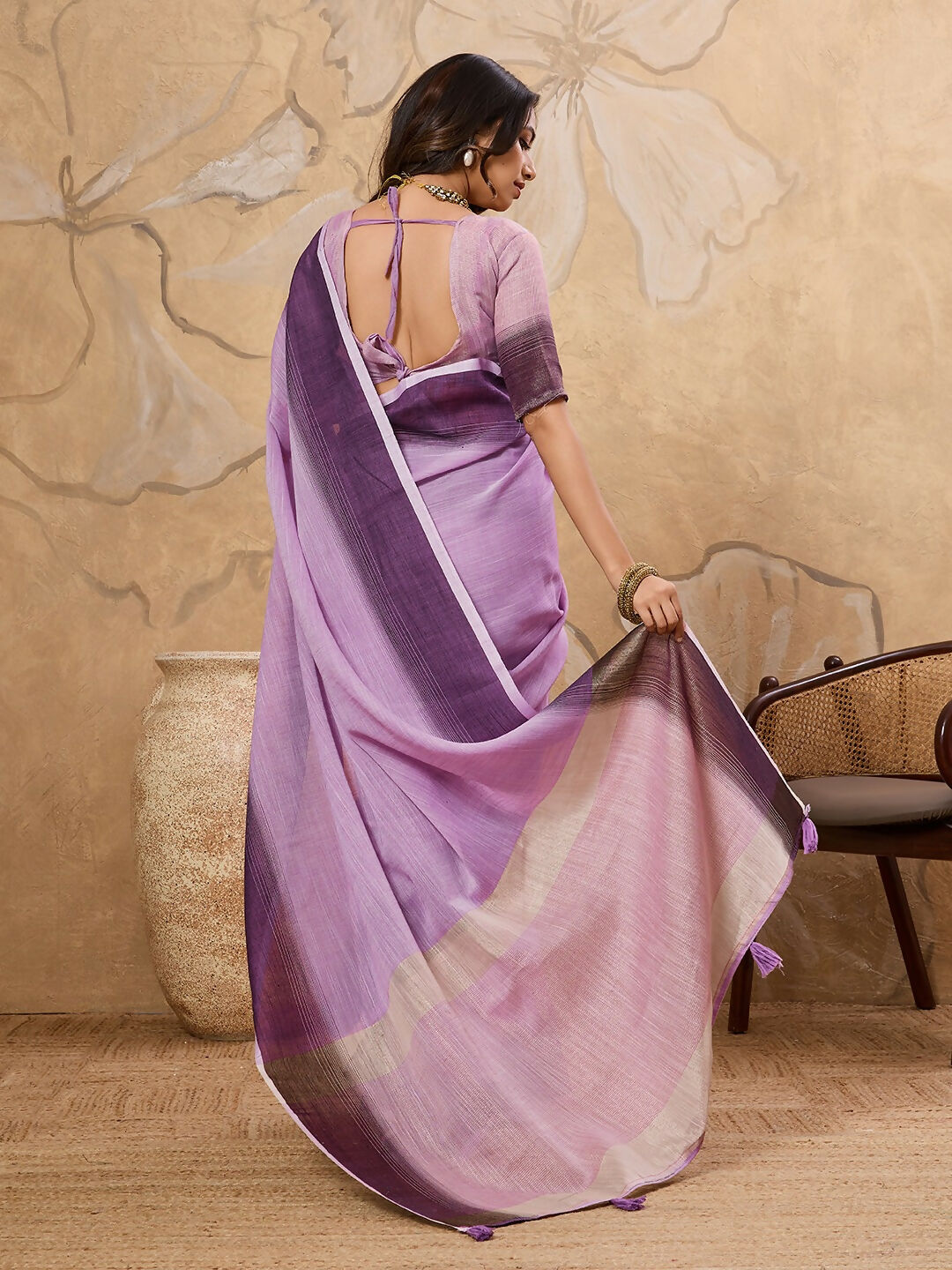 Purple Linen Saree with Matching Blouse for Contemporary Style