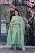 Elegant Pista Tabby Silk A-Line kurta set with palazzo and dupatta