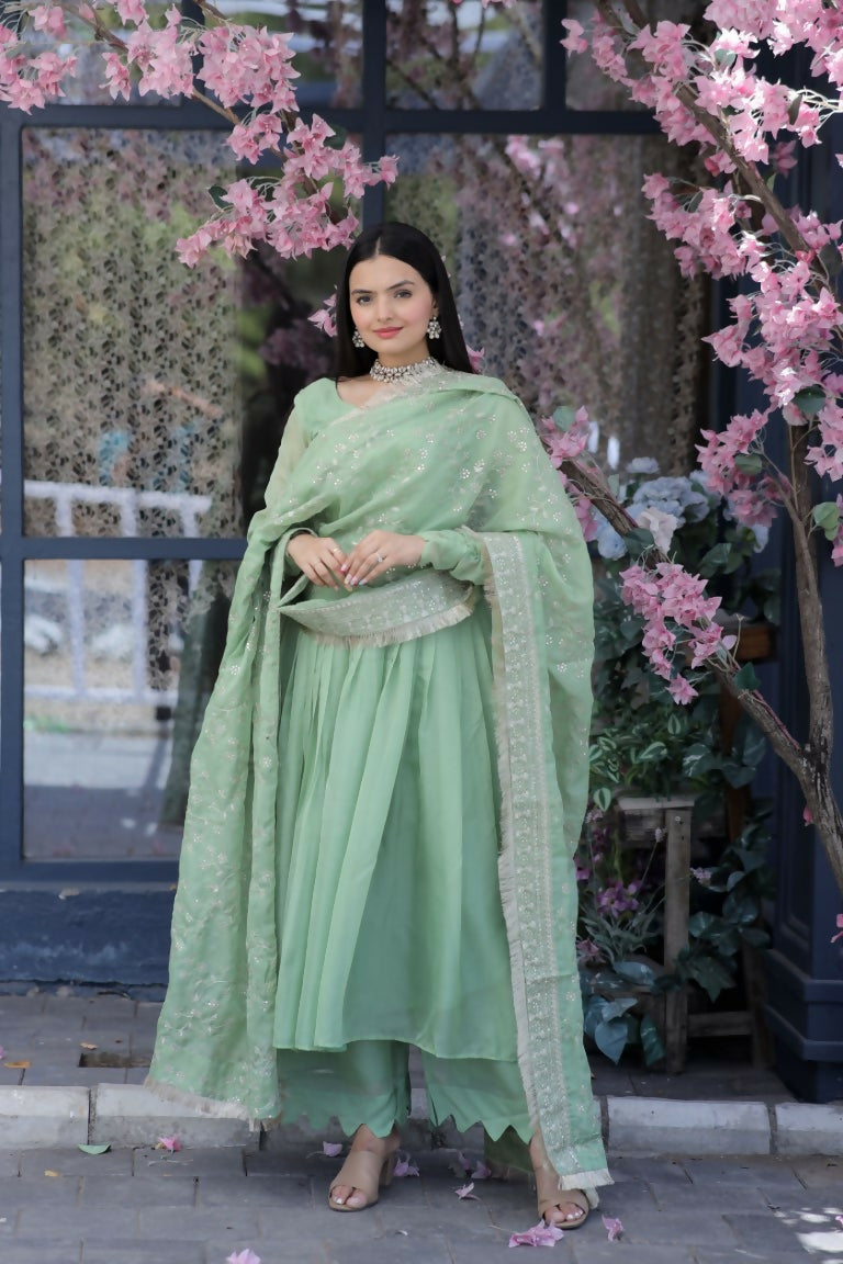 Elegant Pista Tabby Silk A-Line kurta set with palazzo and dupatta