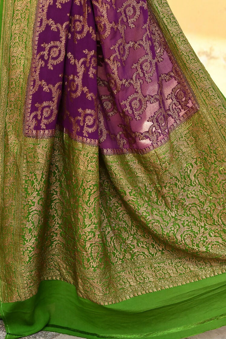 Purple Crepe Chiffon Pure Handloom Banarasi Silk Saree
