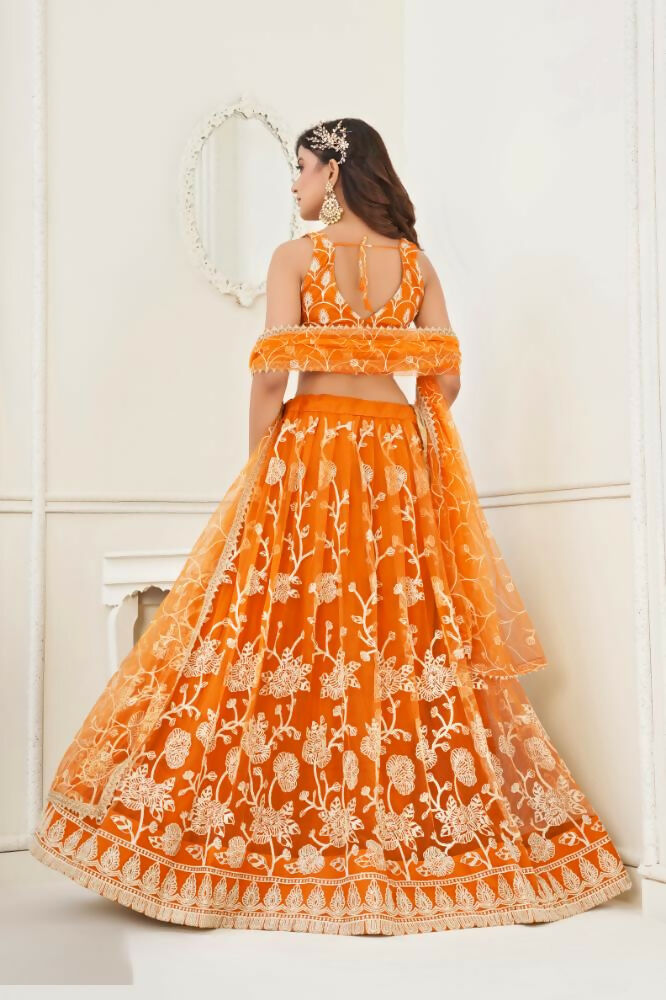 Orange Butterfly Net Lehenga with White Cotton Thread and Sequence Work