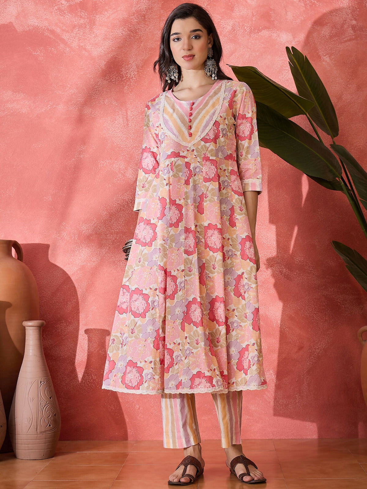 Printed Pink Pure Cotton Kurta Set for Women
