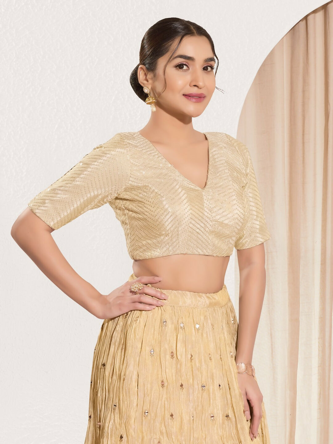 Gold Sequins Padded Blouse with V-Neck and Elbow Sleeves