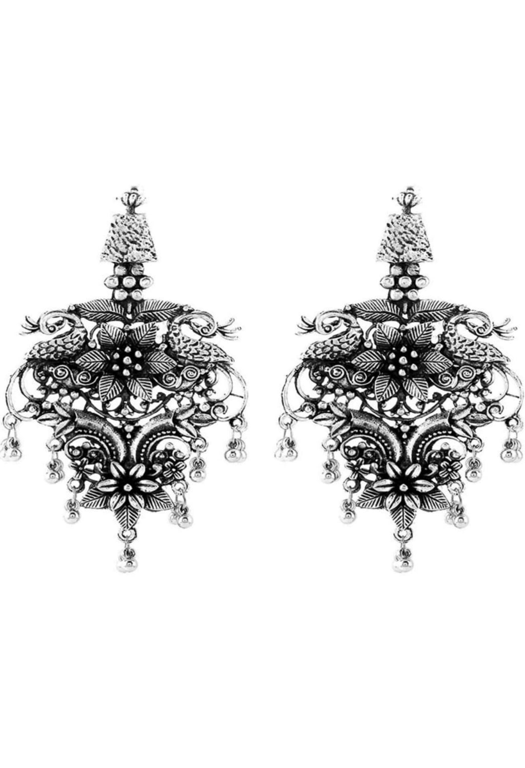 Silver-Plated Peacock Drop Earrings Oxidised Statement Jewelry