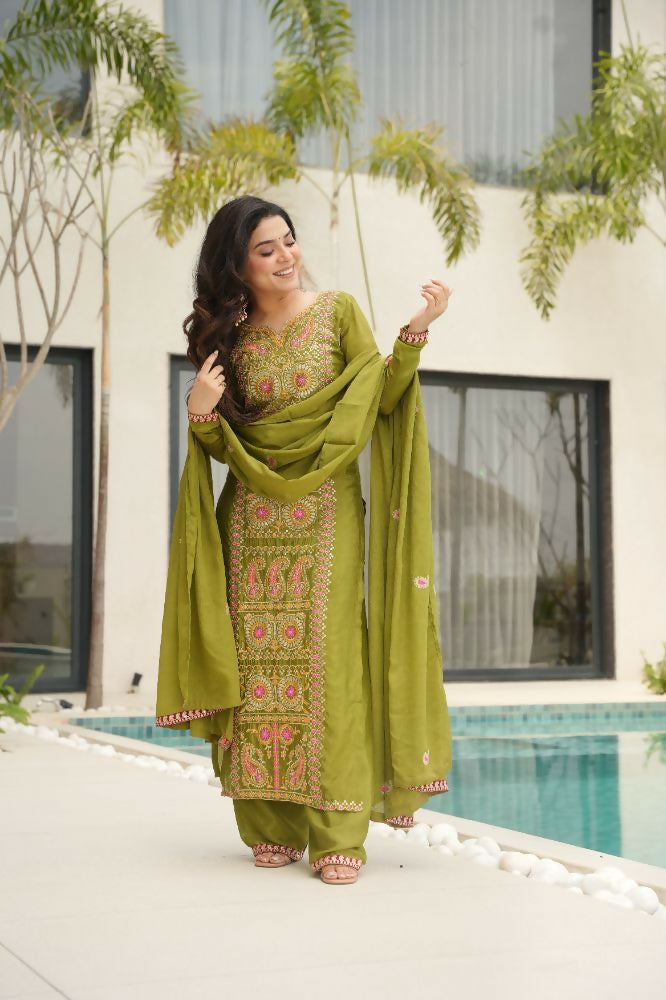 Vibrant Perot Silk Kurta Set with decorative sequins, zari, and thread embroidery.
