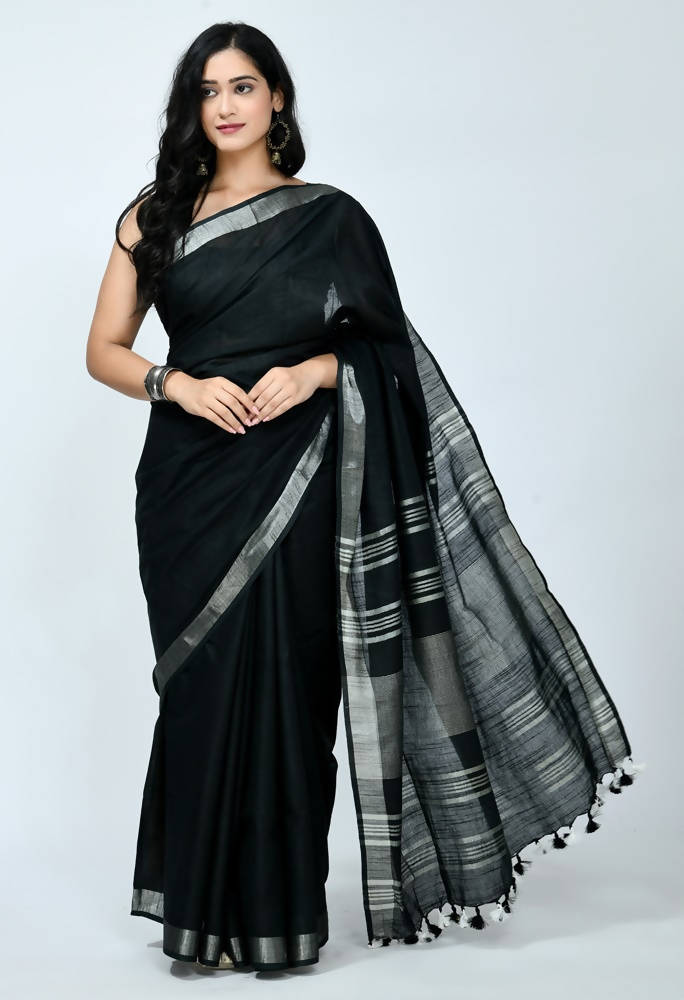 Mominos Fashion Moeza black Bhagalpuri handloom silk-finish saree with matching blouse