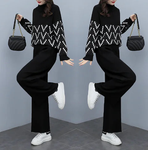 Women's Black Geometric Pattern Knit Two-Piece Sweater Set - Image 2