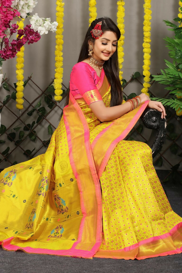 Yellow Banarasi Silk Saree with Contrast Pink Blouse & Zari Work