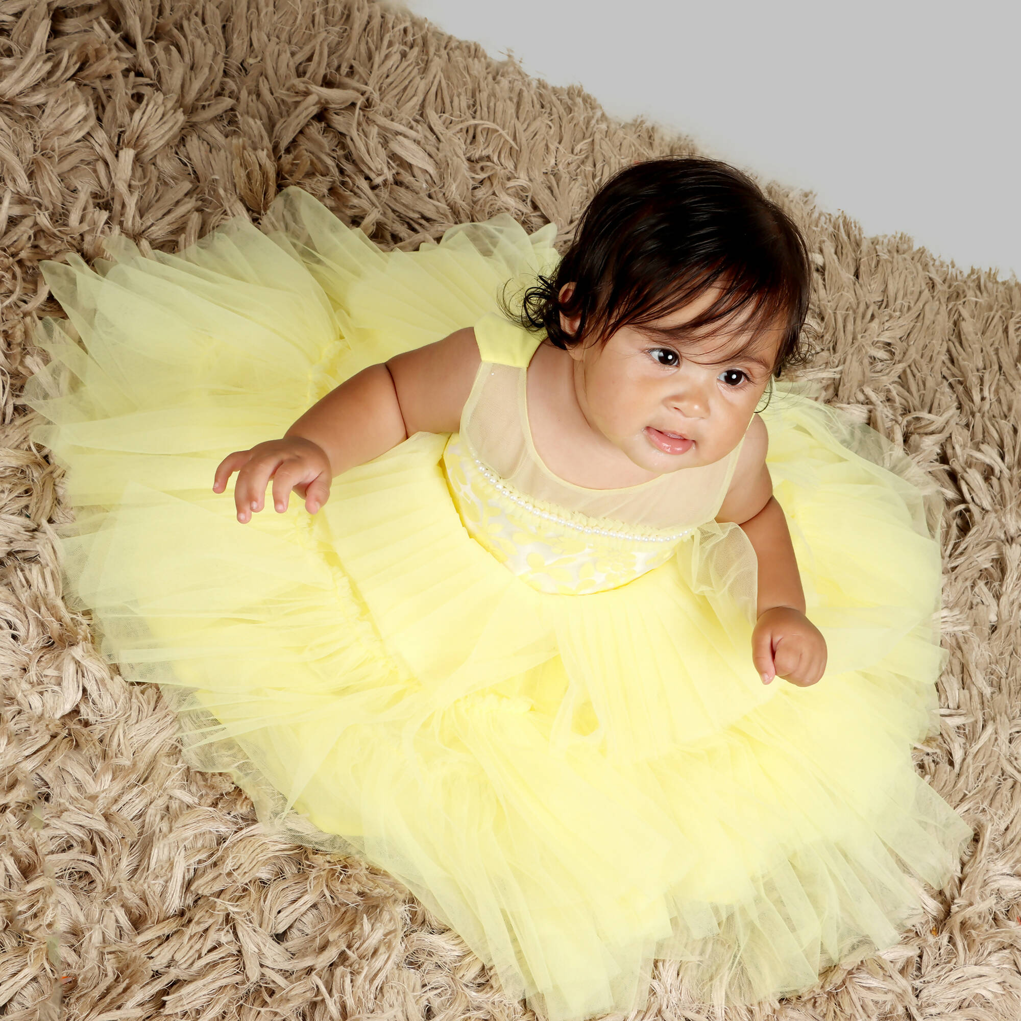 Yellow Girls Formal Gown with Organza Chest and Net Layer Ghera