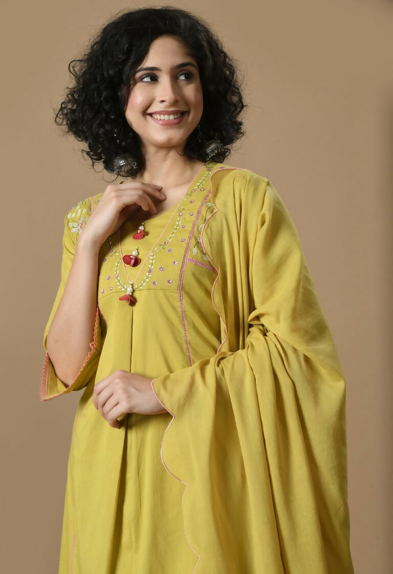 Mehendi Cotton Kurta Set with Organza Dupatta - 3-Piece Set
