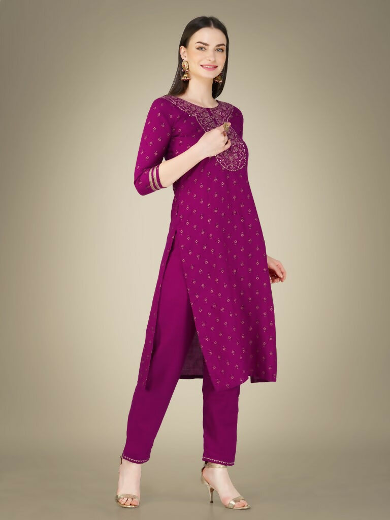 Women's Purple Cotton Magic Slub Straight Kurta Set with Dupatta