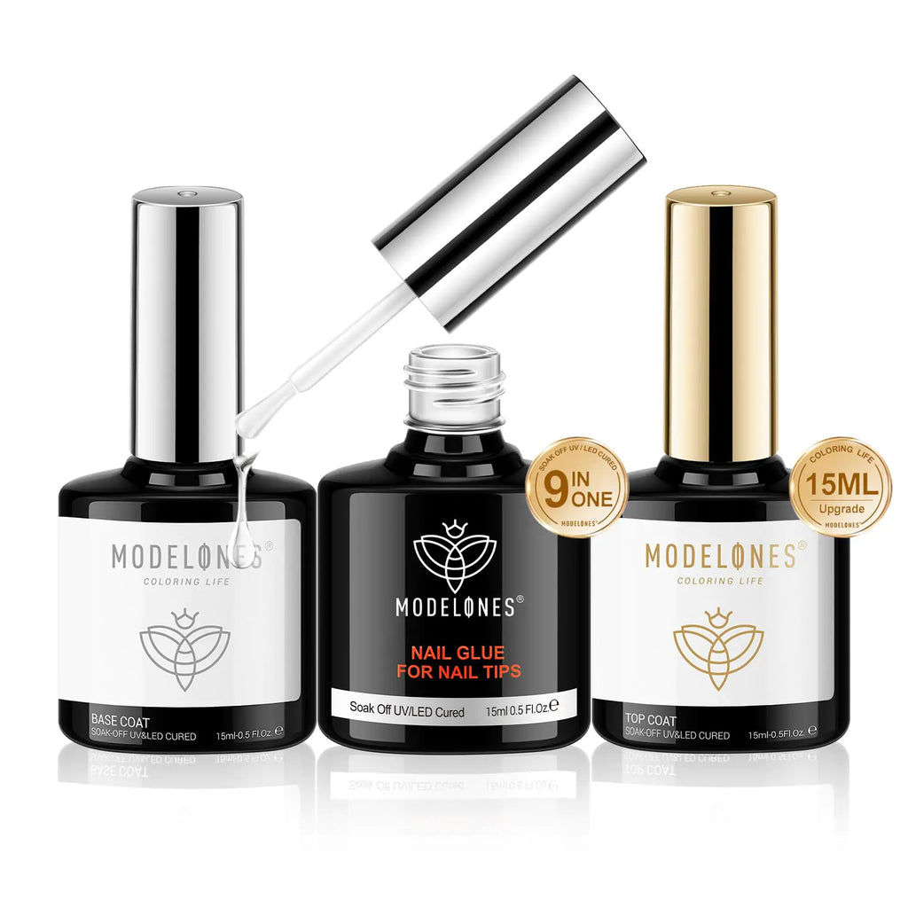 modelones 9 in One Nail Glue with Gel Top and Base Coat Gel Nail Kit, No Wipe Base Coat Long Lasting Glossy Top Coat 3Pcs Gel Nail Glue for Nail Tips, Blooming Gel, Rhinestone Glue A2-3pcs Nail Glue