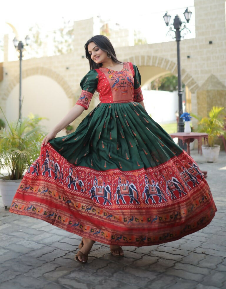 Bottle Green Patola Print Dola Silk Anarkali Dress