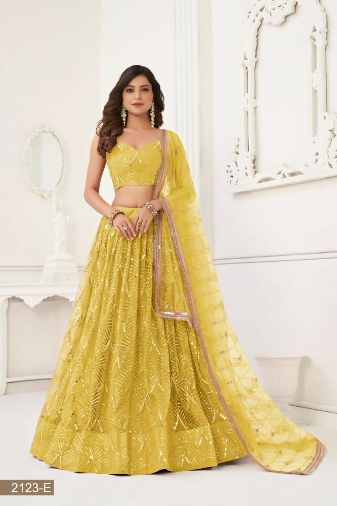 Yellow butterfly net lehenga with mirror and sequence embroidery detail
