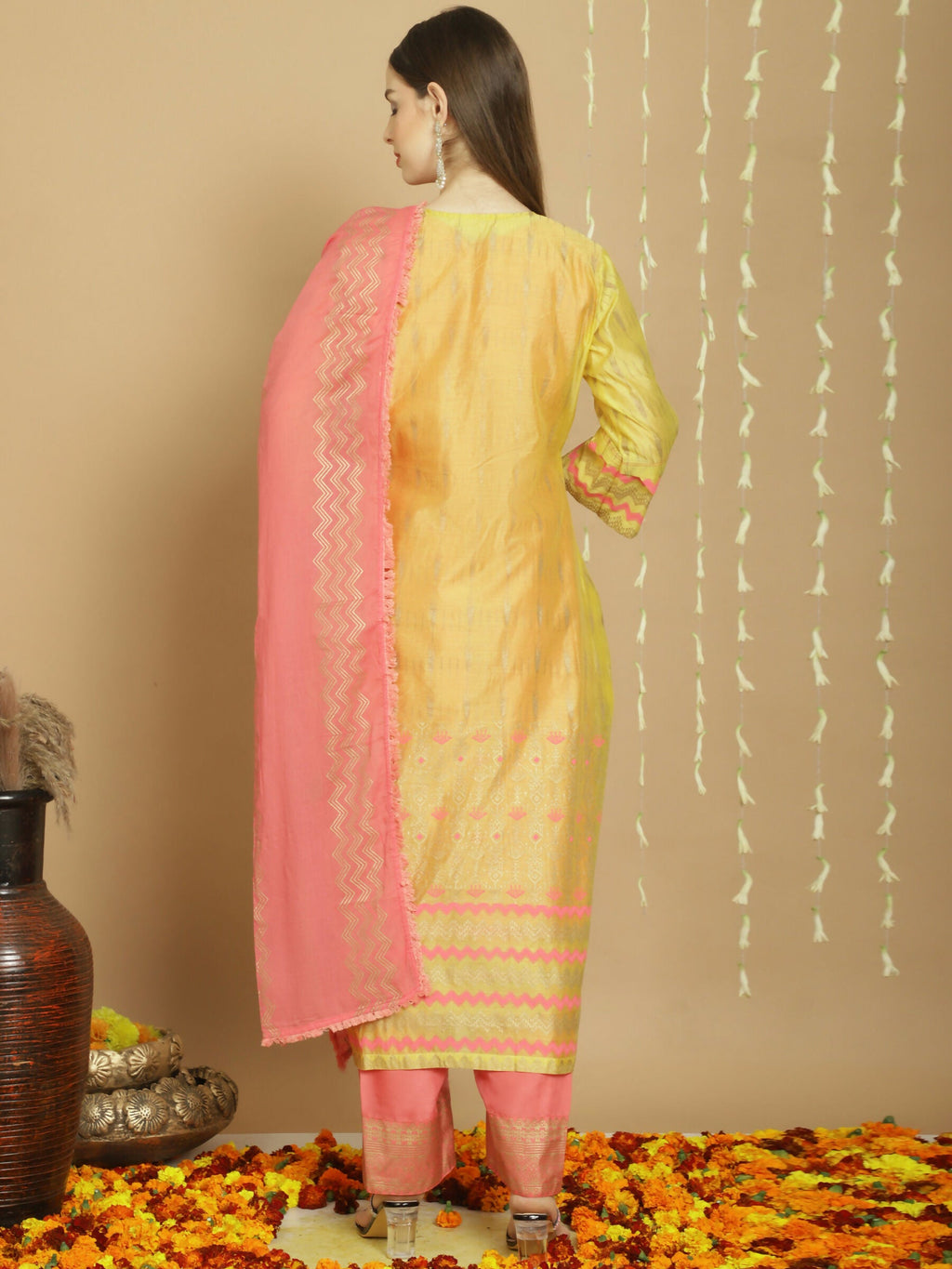 Women's Yellow Chanderi Silk A-Line Kurta Set with Jardoshi Work