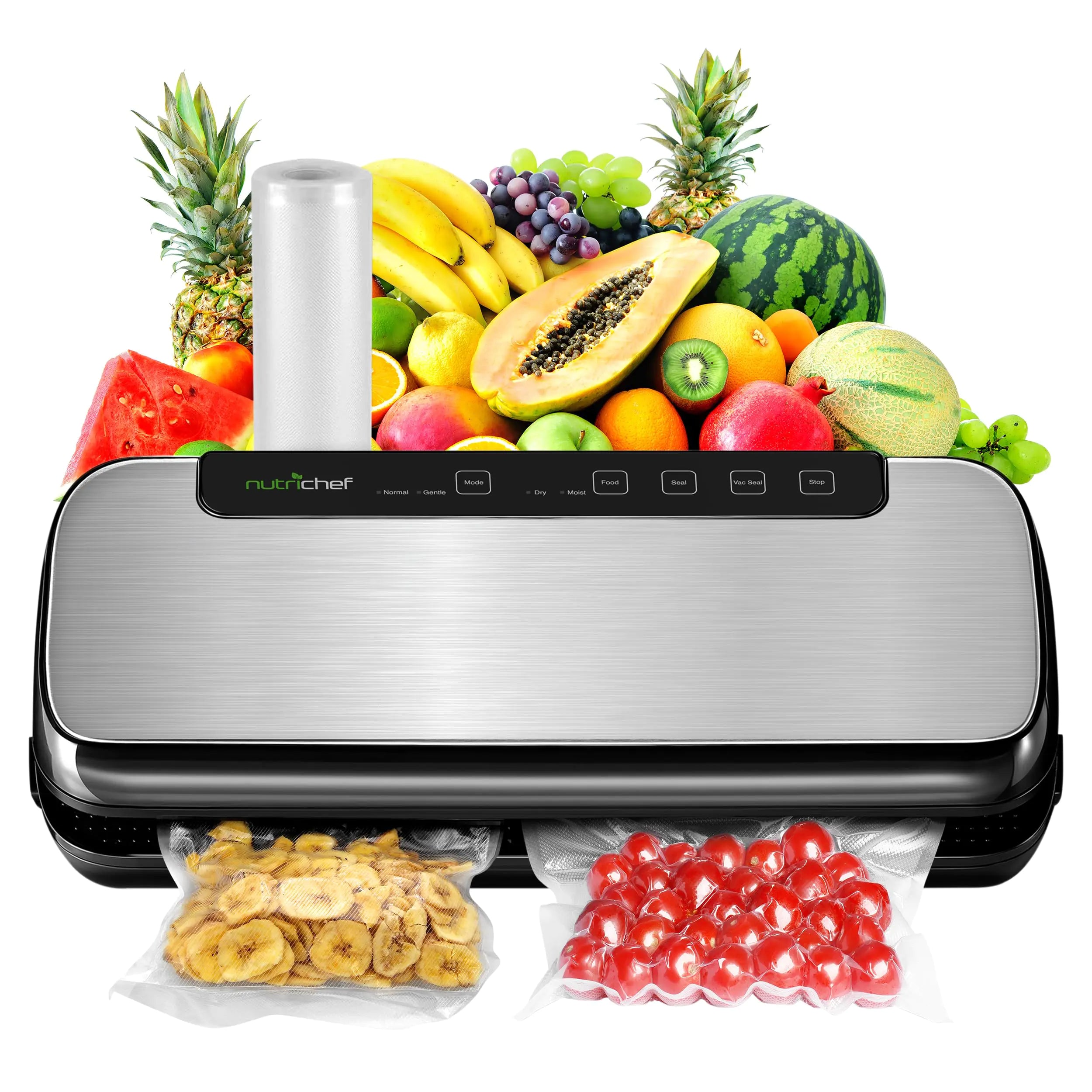 NutriChef Food Vacuum Sealer Machine Stainless Steel Automatic Air Sealing System for Dry/Moist Foods LED Touch Controls Includes Vacuum Hose Bag Roll and Wine Stopper 110W Suction Power 14"x6"