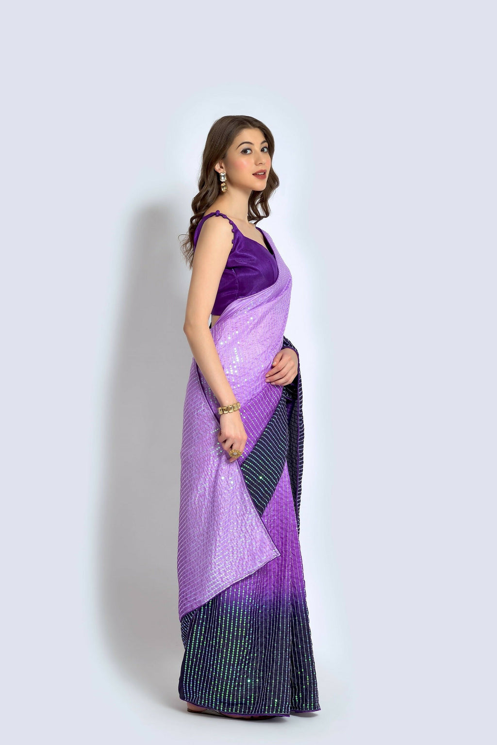 Lavender Vichitra Silk Embroidered Saree with Matching Blouse