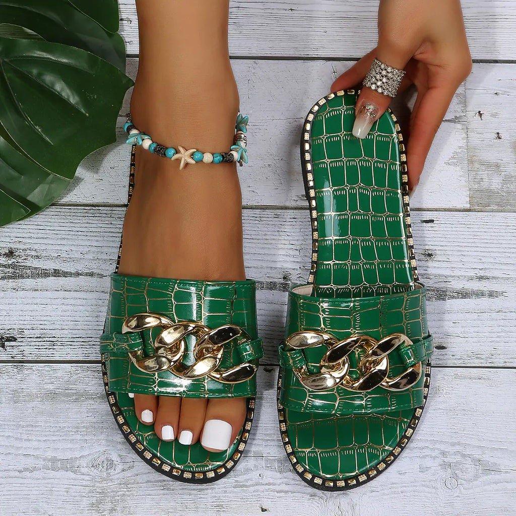 Women's Croc-Embossed Flat Slide Sandals with Gold Chain Detail