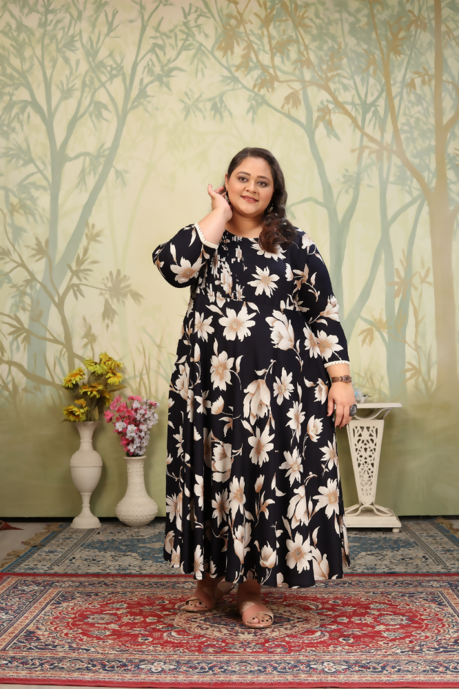 Black Rayon Floral Print Anarkali Set with Sequins