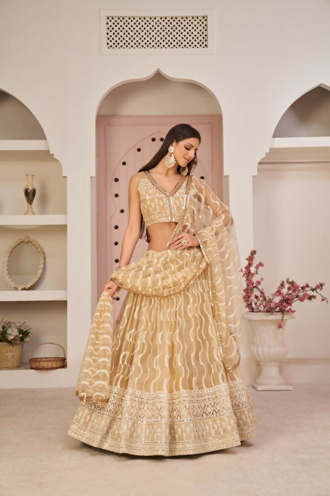 Beige Chiku Butterfly Net Lehenga with Zari and Sandwich Sequence embroidery