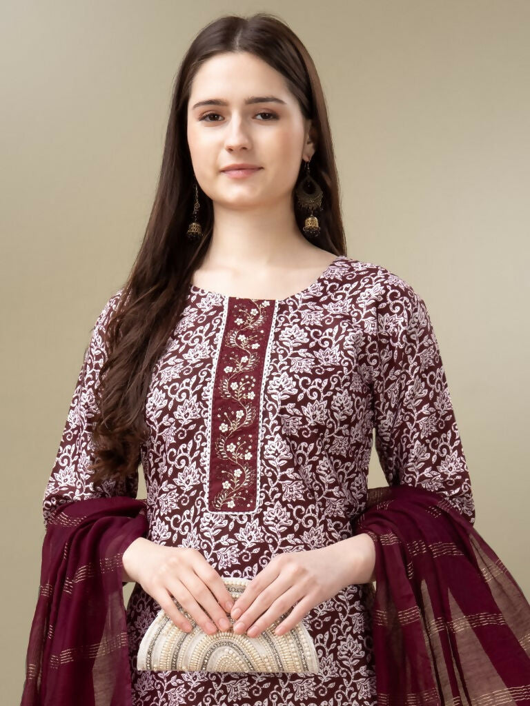 Women's Maroon Rayon Straight Kurta Set with Sequence Embroidery