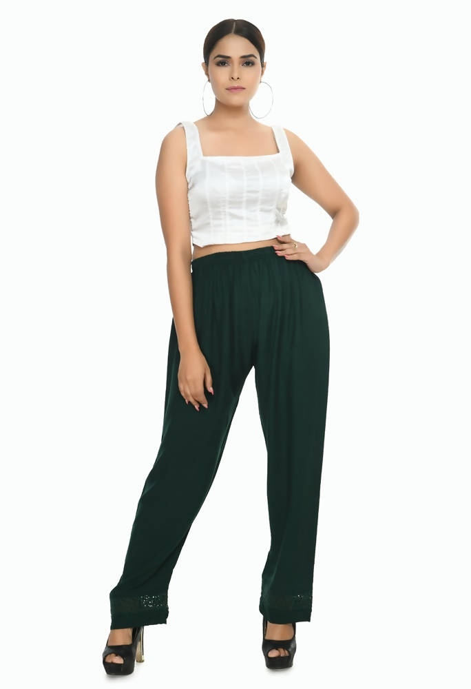 Bottle Green Straight Palazzo Pants in Rayon Cotton Blend