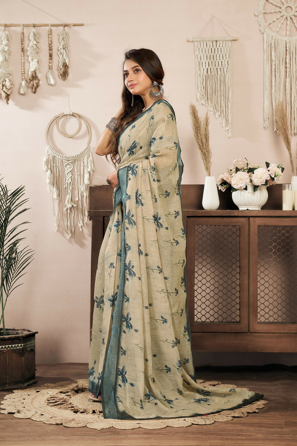 Beige Floral Linen Ready-to-Wear Saree with Unstitched Blouse