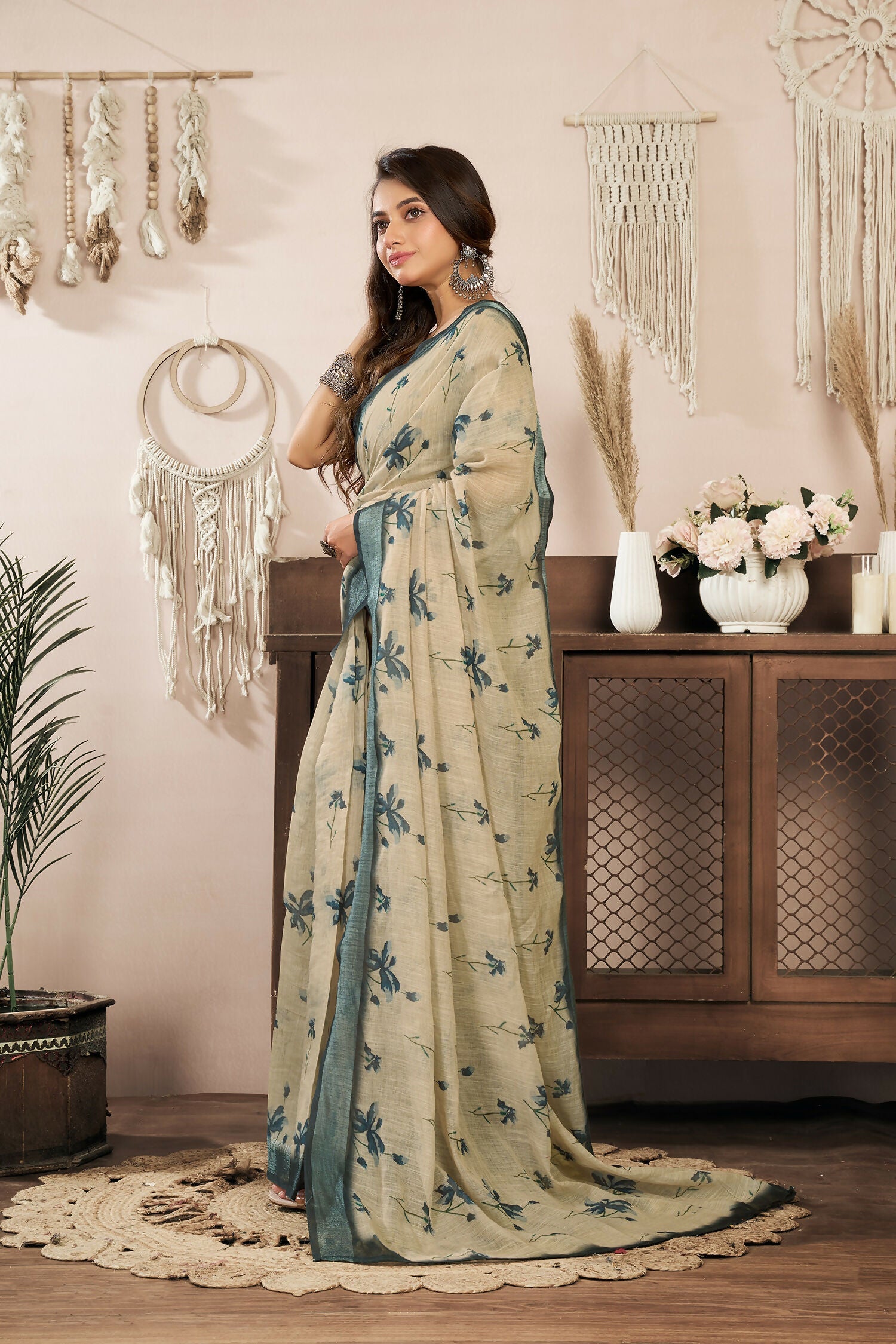 Beige Floral Linen Ready-to-Wear Saree with Unstitched Blouse