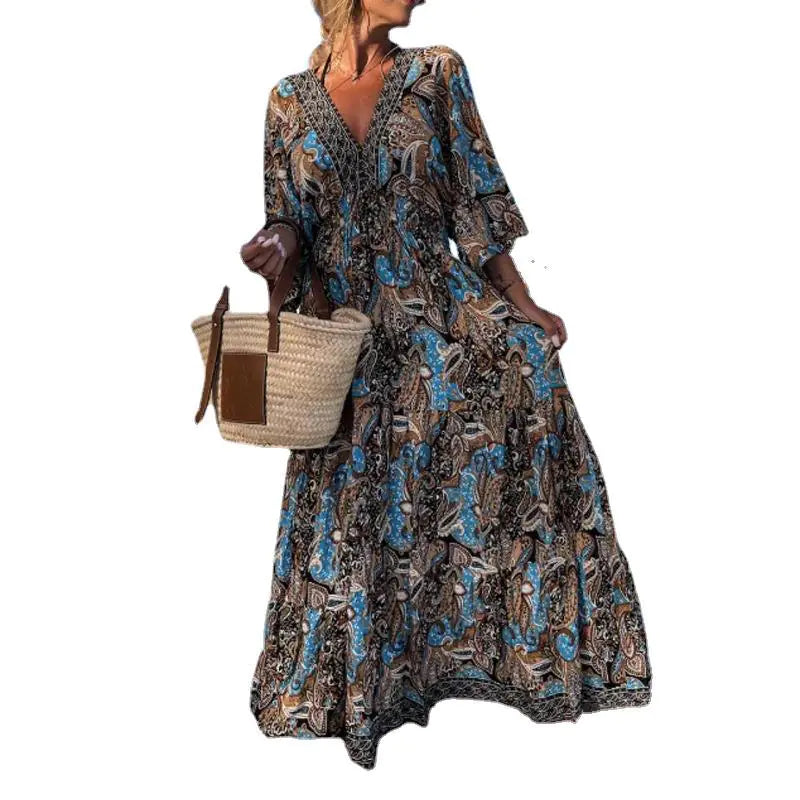 Women's Bohemian V-Neck Floral Maxi Dress