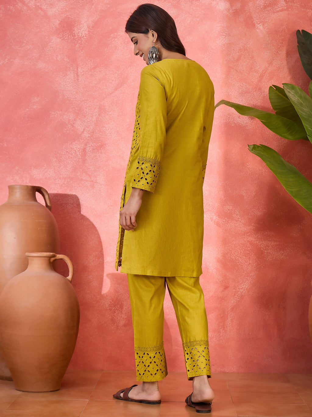 Mustard Embroidered Pure Cotton Cord Set - Contemporary Style