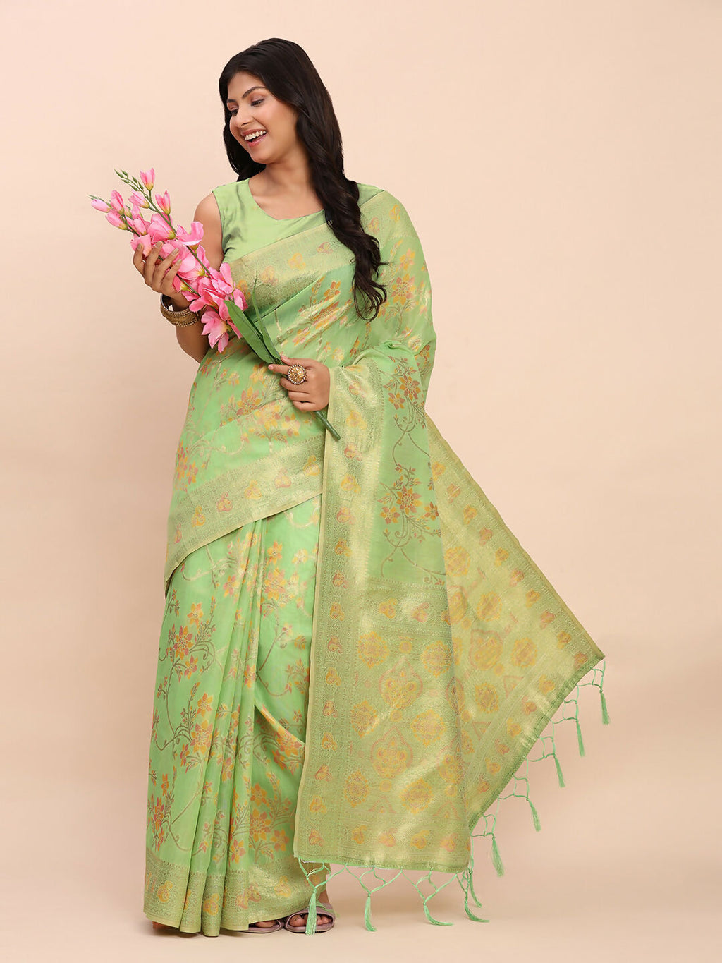 Green Linen Cotton Saree with Matching Blouse Piece