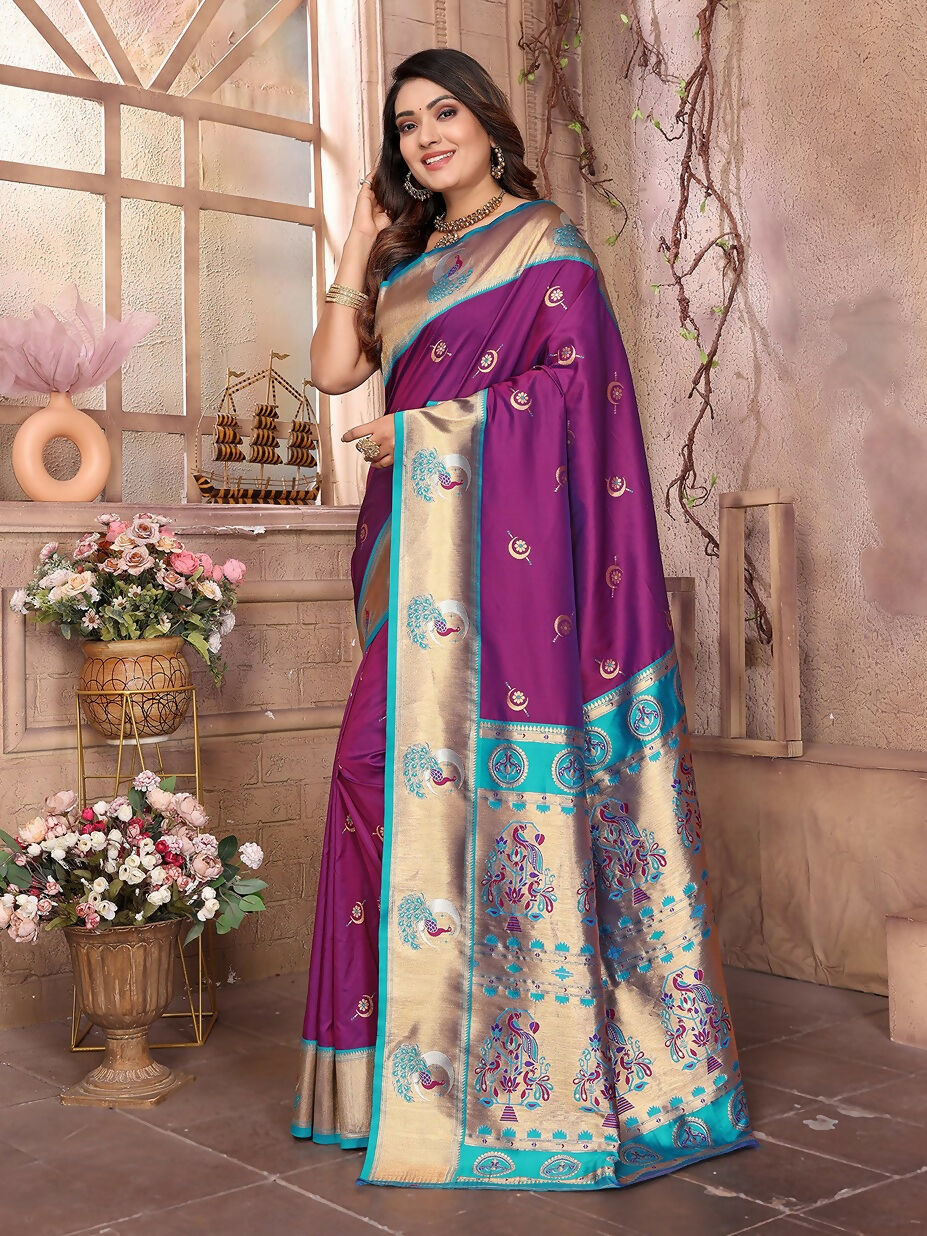 Wine Paithani Soft Silk Saree with Woven Accents