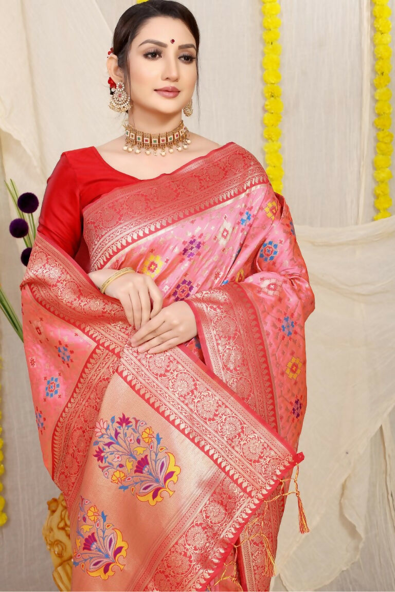Baby Pink Patola Silk Zari Woven Saree with Contrast Red Blouse