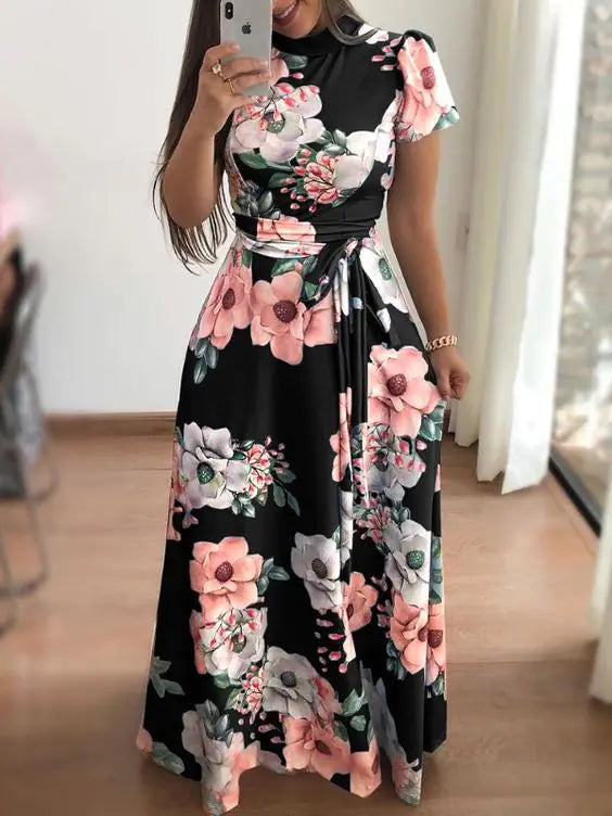 Women Floral Print Short Sleeve Maxi Dress with Tie Waist - Image 14