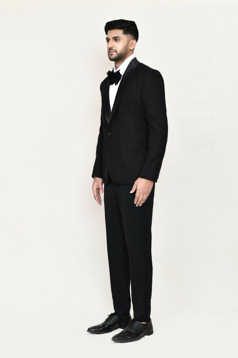 Black Satin Silk Coat Suit Set with Shirt and Bow Tie