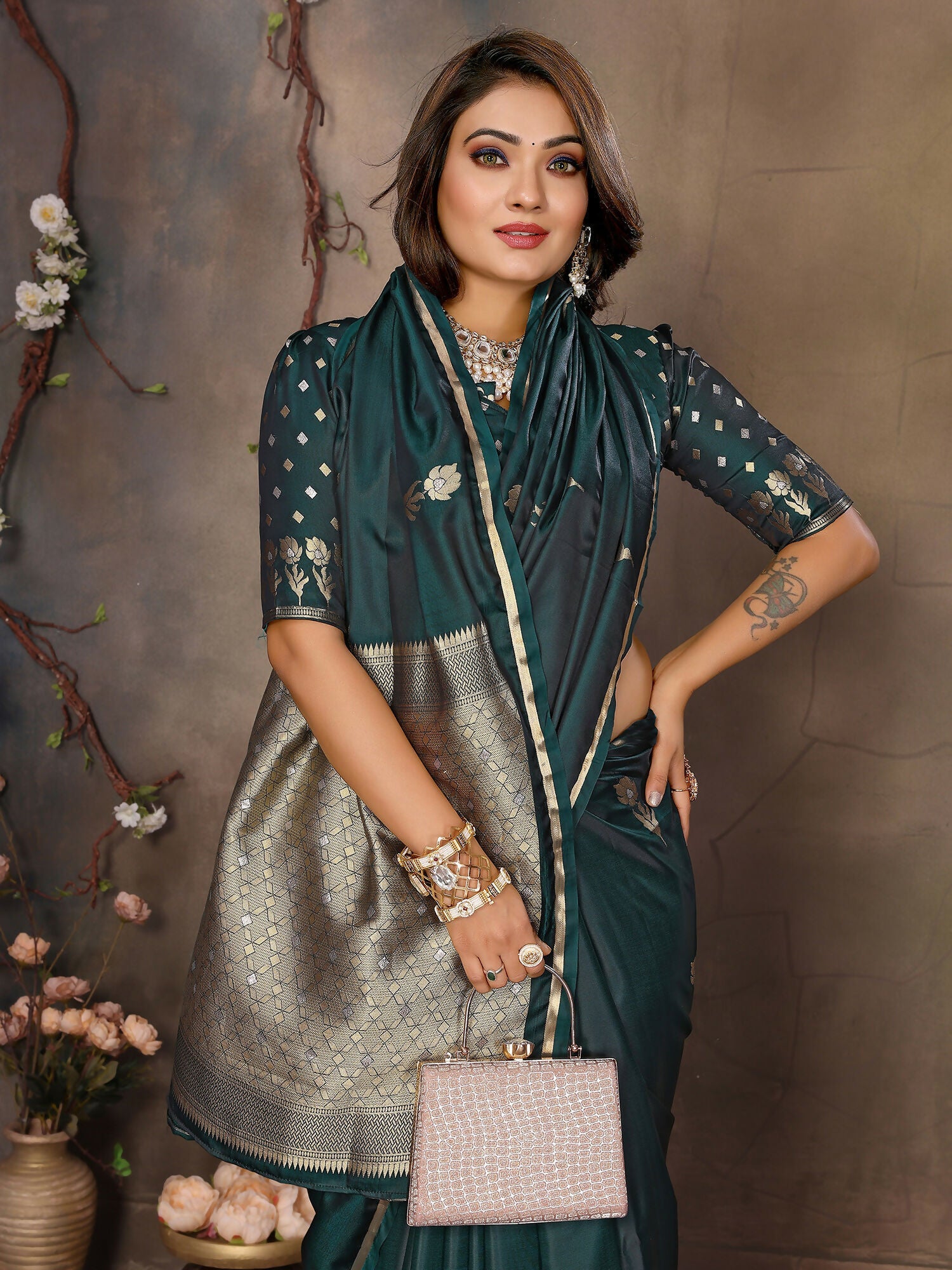 Dark Green Satin Silk Banarasi Saree with Floral Botanical Motifs