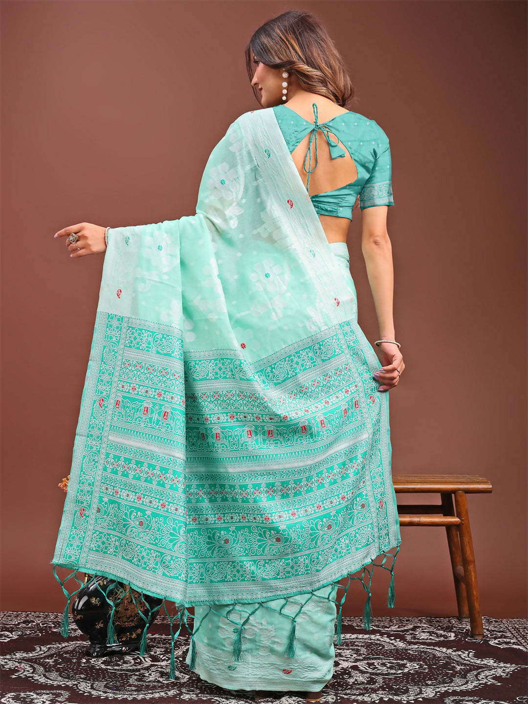 Sea Green Linen Cotton Saree with Matching Blouse Piece