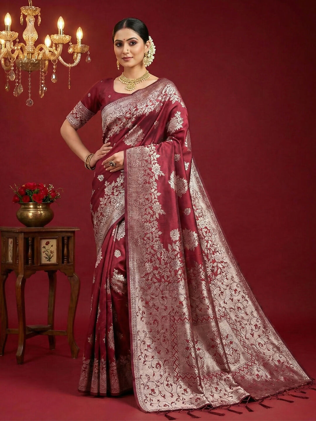 Deep maroon silk blend saree featuring a rich texture and matching blouse piece.