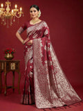 Deep maroon silk blend saree featuring a rich texture and matching blouse piece.