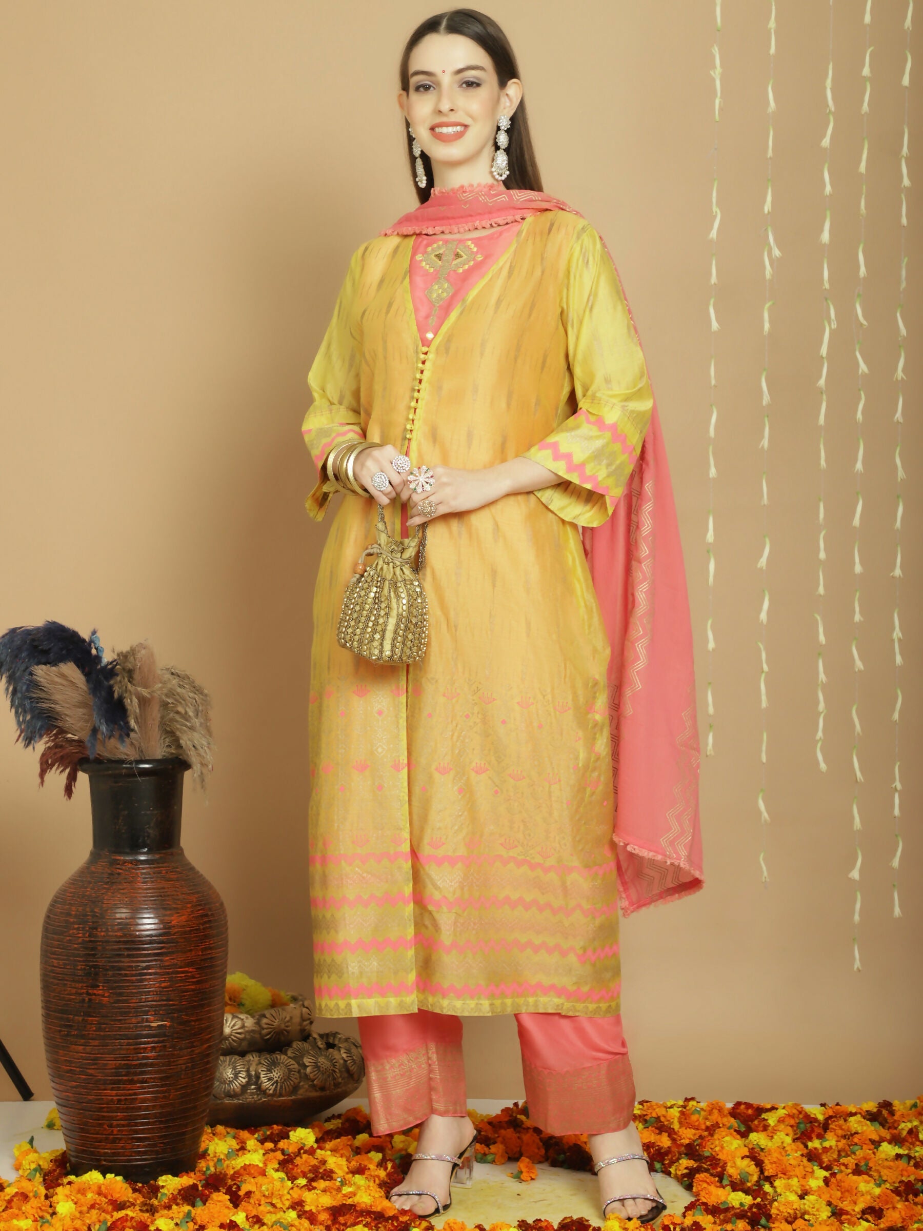 Women's Yellow Chanderi Silk A-Line Kurta Set with Jardoshi Work