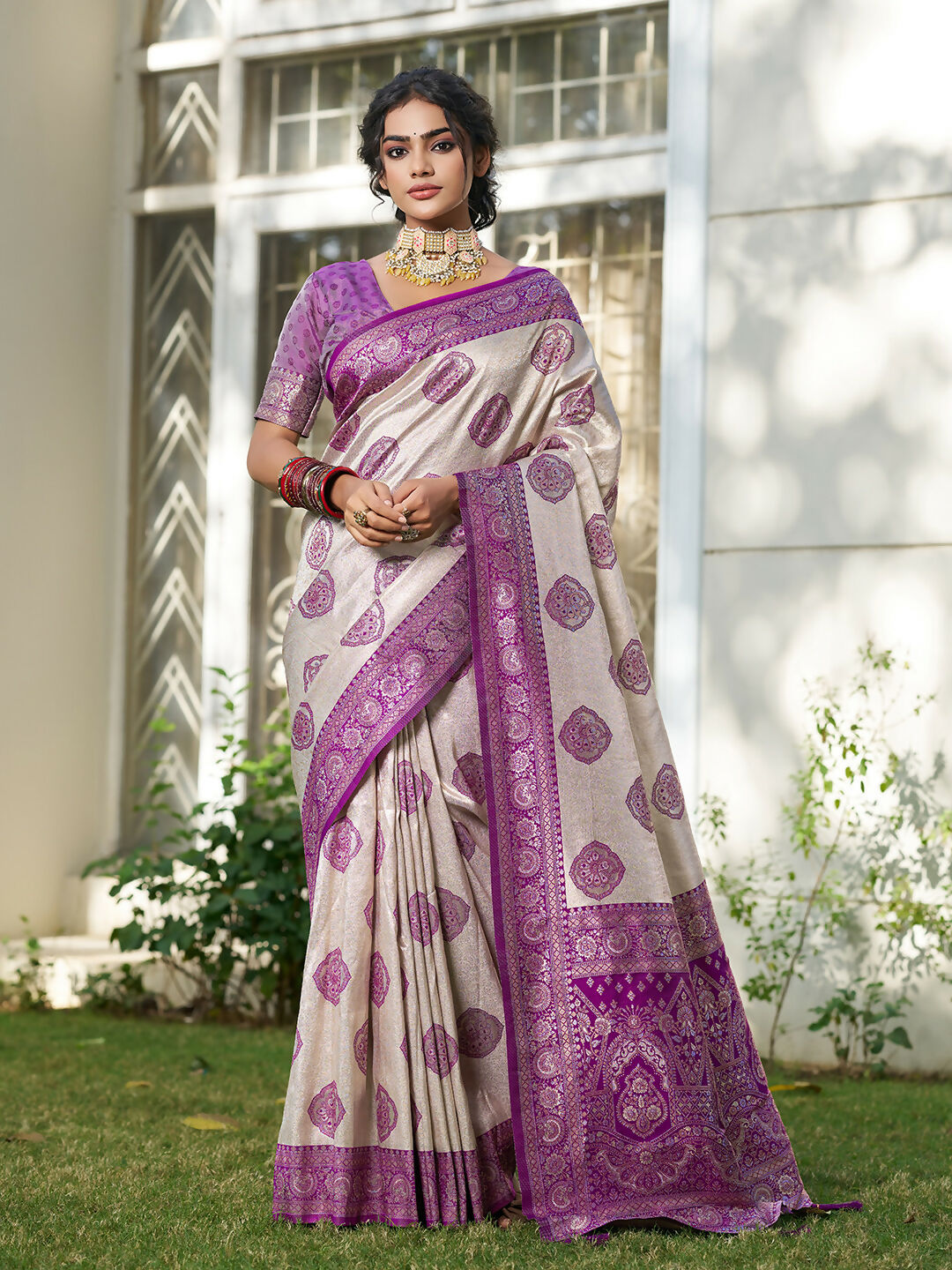 Cream and purple silk blend saree, sophisticated ethnic wear.