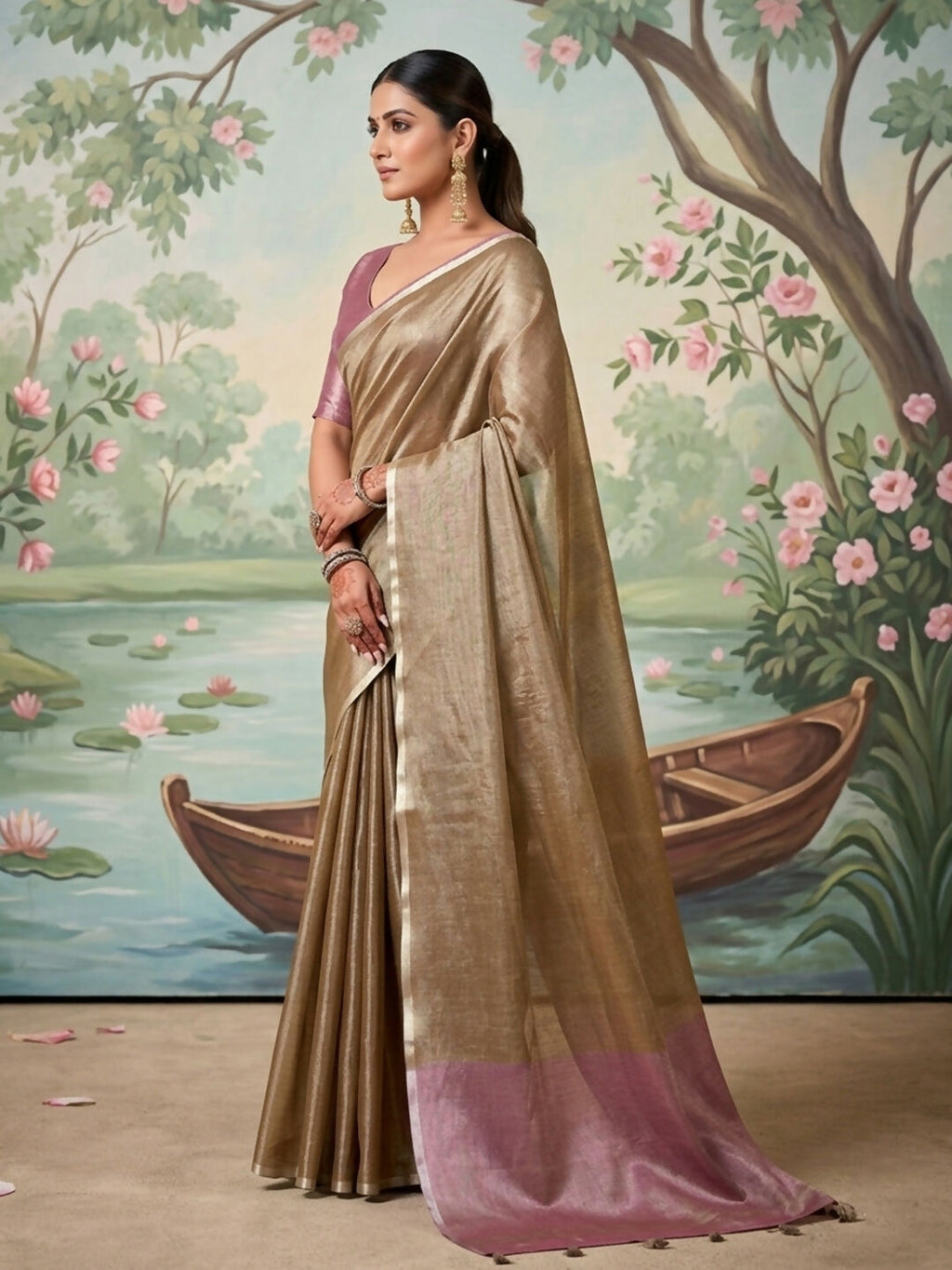 Brown Tissue Silk Saree with Matching Blouse Piece